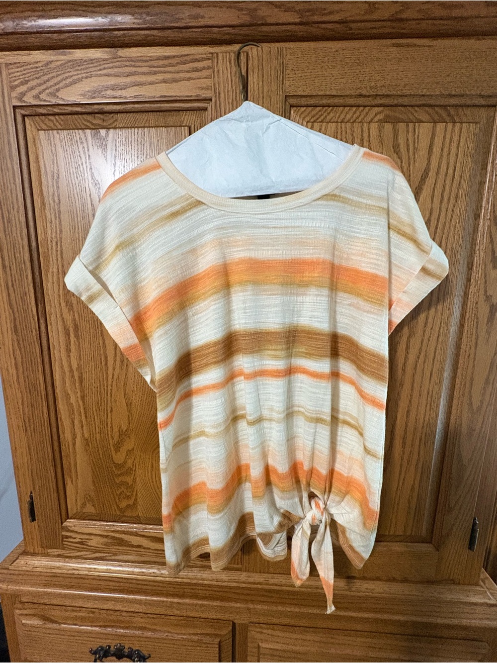 Vera Wang Striped Tie-Hem Short Sleeve Top in Cream, Orange & Tan
